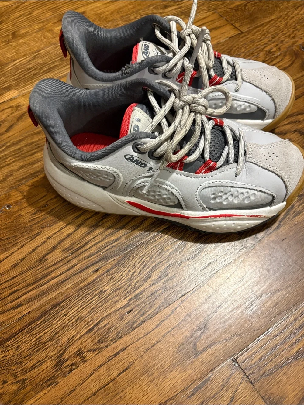SIZE 1: And1 Gray and Red Low-Top Athletic Sneakers